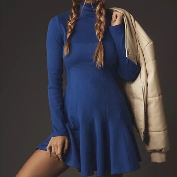 Anthropologie Daily Practice Mock Neck Long Sleeve Rib Mini Swing Dress Blue S - Picture 1 of 9